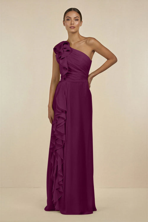 Ruffled One - Shoulder Pleated Sheath Bridesmaid Dress in Fig - SHE IS ME Bridesmaid Dresses