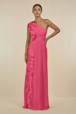 Ruffled One - Shoulder Pleated Sheath Bridesmaid Dress in Fuchsia - SHE IS ME Bridesmaid Dresses
