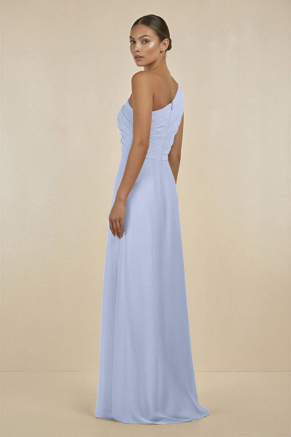 Ruffled One - Shoulder Pleated Sheath Bridesmaid Dress in Ice - SHE IS ME Bridesmaid Dresses