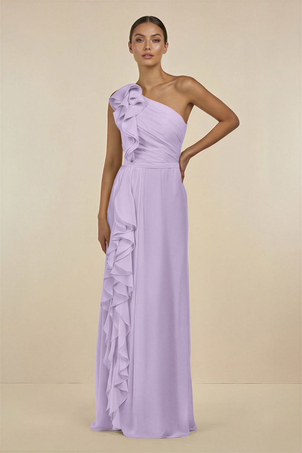 Ruffled One - Shoulder Pleated Sheath Bridesmaid Dress in Lavender - SHE IS ME Bridesmaid Dresses
