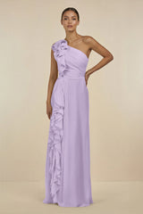 Ruffled One - Shoulder Pleated Sheath Bridesmaid Dress in Lavender - KISS BRIDAL Bridesmaid Dresses