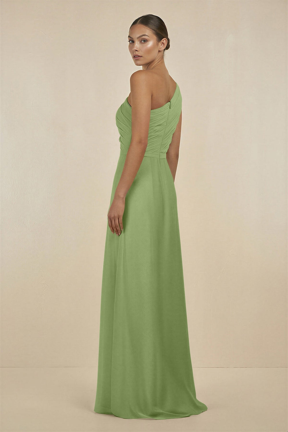 Ruffled One - Shoulder Pleated Sheath Bridesmaid Dress in Matcha - SHE IS ME Bridesmaid Dresses