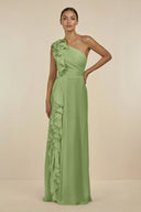 Ruffled One - Shoulder Pleated Sheath Bridesmaid Dress in Matcha - SHE IS ME Bridesmaid Dresses