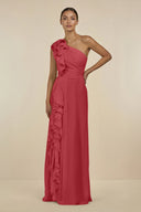 Ruffled One - Shoulder Pleated Sheath Bridesmaid Dress in Merlot - SHE IS ME Bridesmaid Dresses