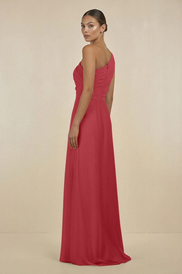 Ruffled One - Shoulder Pleated Sheath Bridesmaid Dress in Merlot - SHE IS ME Bridesmaid Dresses