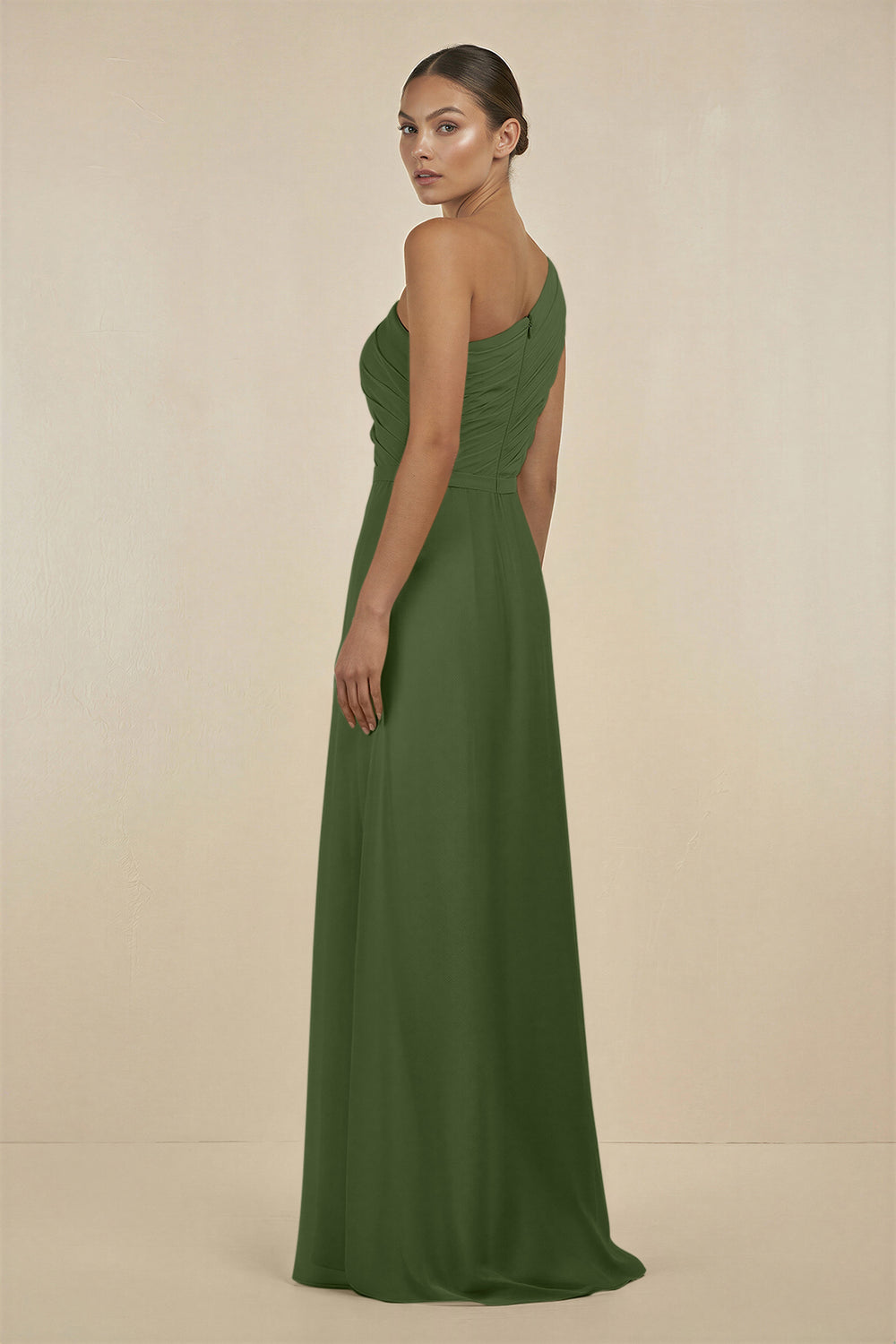 Ruffled One-Shoulder Pleated Sheath Bridesmaid Dress in Moss
