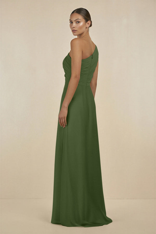 Ruffled One-Shoulder Pleated Sheath Bridesmaid Dress in Moss (2) | KISSBRIDAL