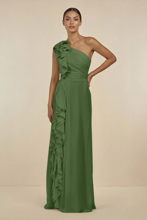 Ruffled One - Shoulder Pleated Sheath Bridesmaid Dress in Moss - SHE IS ME Bridesmaid Dresses