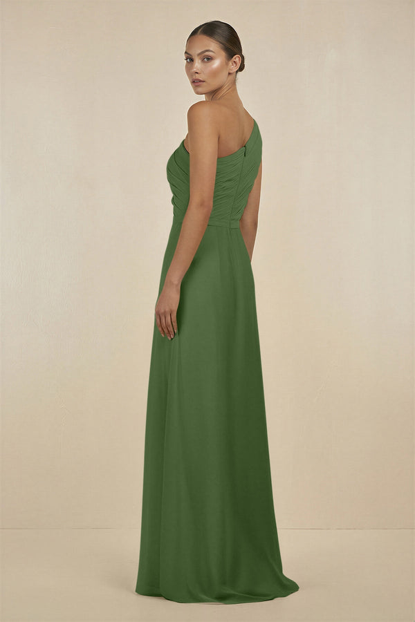 Ruffled One - Shoulder Pleated Sheath Bridesmaid Dress in Moss - SHE IS ME Bridesmaid Dresses