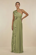 Ruffled One - Shoulder Pleated Sheath Bridesmaid Dress in Moss Green - SHE IS ME Bridesmaid Dresses