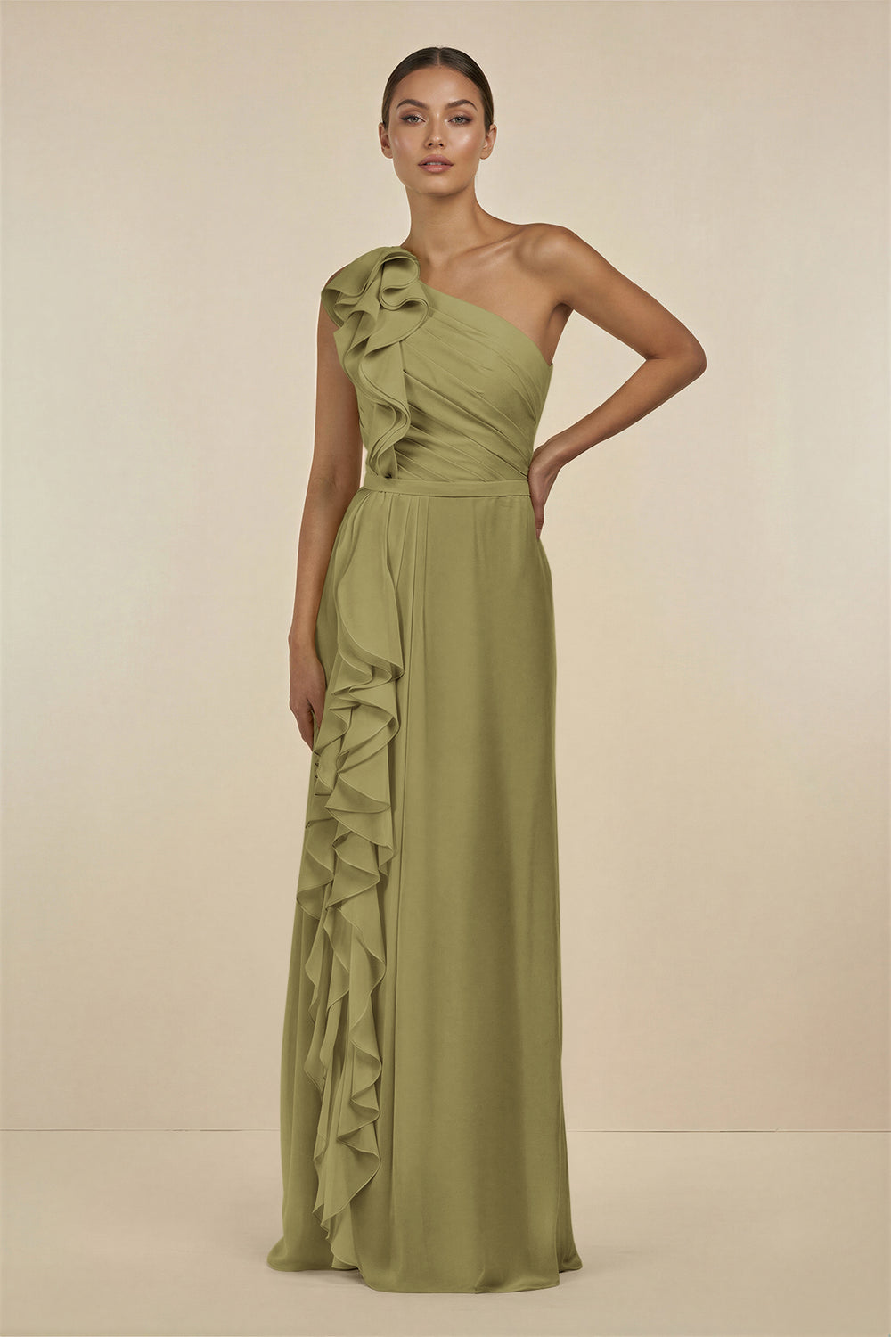 Ruffled One-Shoulder Pleated Sheath Bridesmaid Dress in Moss Green
