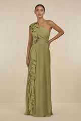 Ruffled One-Shoulder Pleated Sheath Bridesmaid Dress in Moss Green | KISSBRIDAL