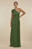 Ruffled One-Shoulder Pleated Sheath Bridesmaid Dress in Moss | KISSBRIDAL