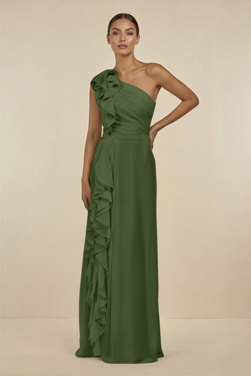 Ruffled One-Shoulder Pleated Sheath Bridesmaid Dress in Moss | KISSBRIDAL