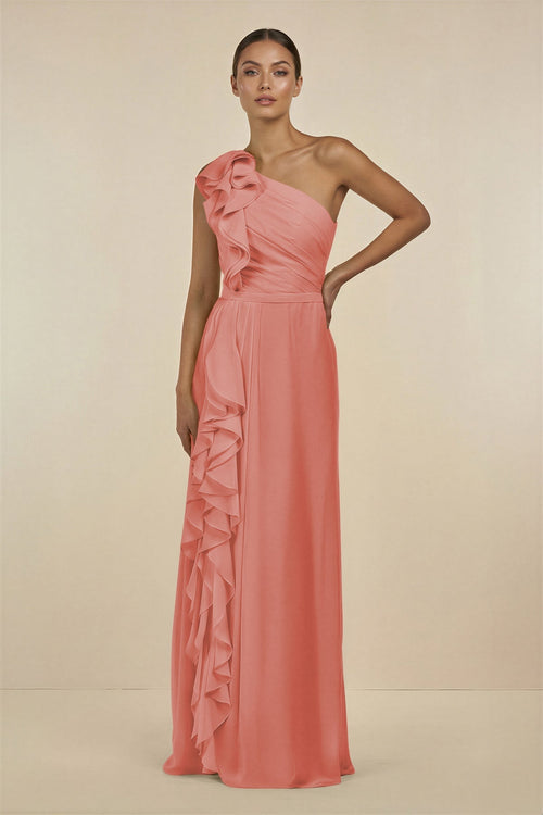 Ruffled One - Shoulder Pleated Sheath Bridesmaid Dress in Mulberry - SHE IS ME Bridesmaid Dresses