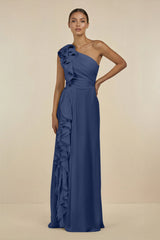 Ruffled One - Shoulder Pleated Sheath Bridesmaid Dress in Navy - KISS BRIDAL Bridesmaid Dresses