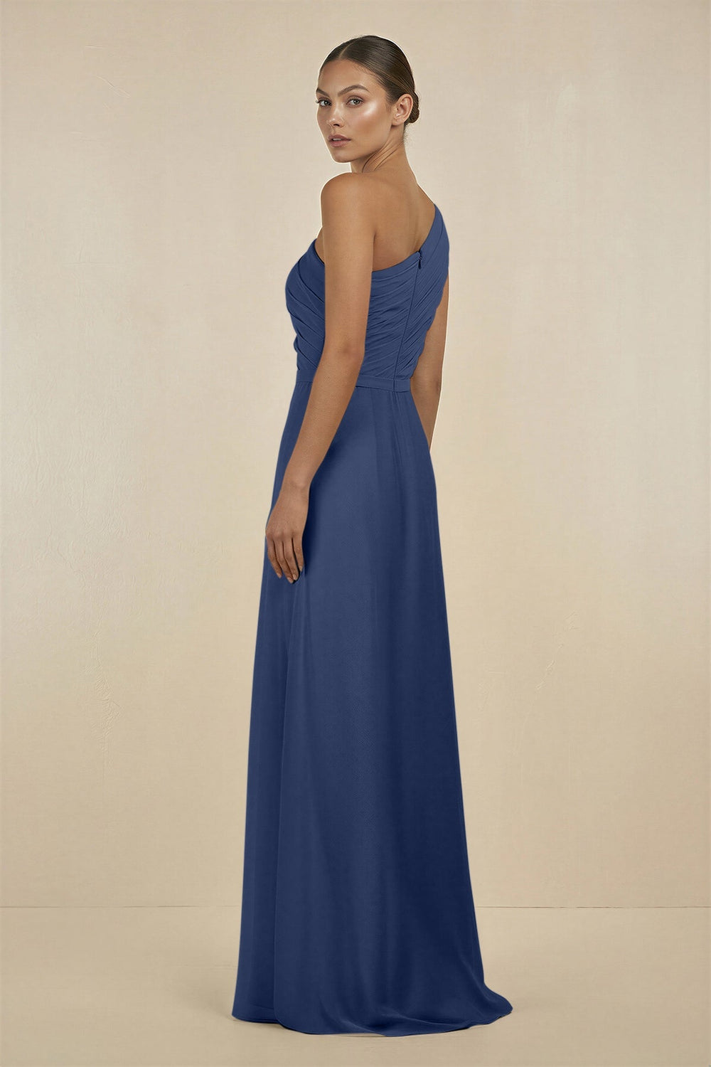 Ruffled One - Shoulder Pleated Sheath Bridesmaid Dress in Navy - SHE IS ME Bridesmaid Dresses