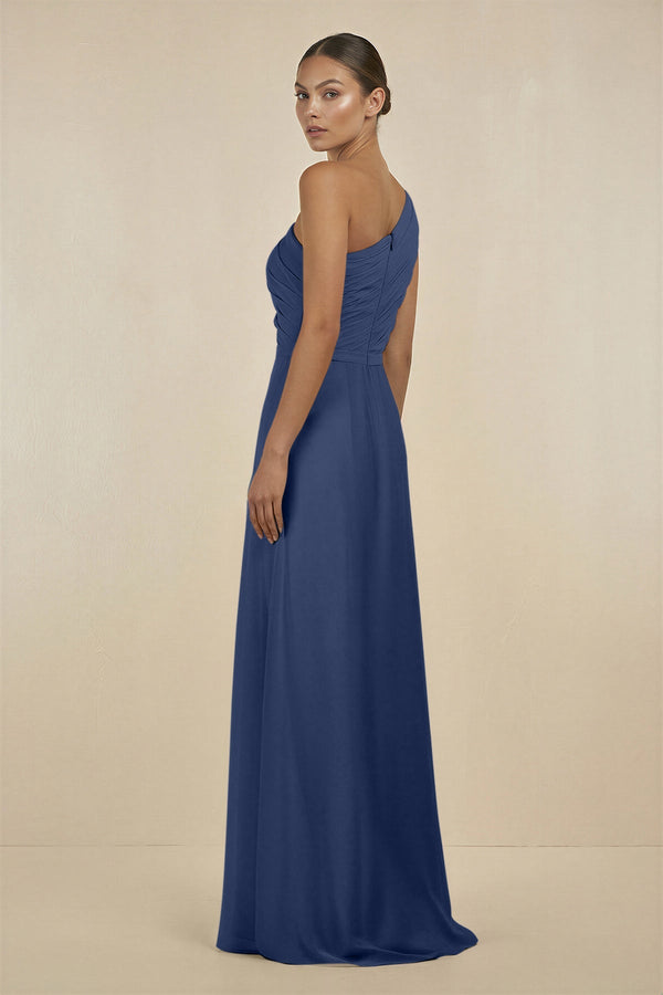 Ruffled One - Shoulder Pleated Sheath Bridesmaid Dress in Navy - SHE IS ME Bridesmaid Dresses