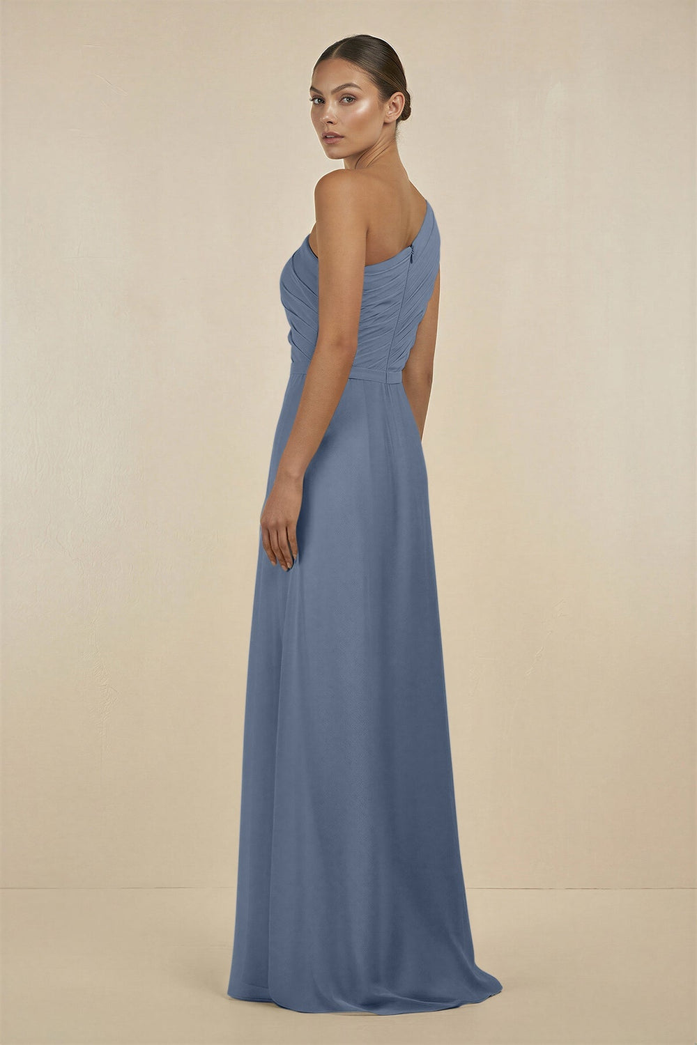 Ruffled One - Shoulder Pleated Sheath Bridesmaid Dress in Neptune - SHE IS ME Bridesmaid Dresses