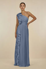 Ruffled One - Shoulder Pleated Sheath Bridesmaid Dress in Neptune - KISS BRIDAL Bridesmaid Dresses