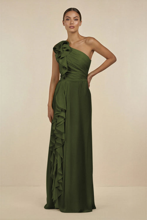 Ruffled One - Shoulder Pleated Sheath Bridesmaid Dress in Olive - SHE IS ME Bridesmaid Dresses