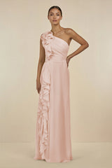 Ruffled One - Shoulder Pleated Sheath Bridesmaid Dress in Pale Blush - KISS BRIDAL Bridesmaid Dresses