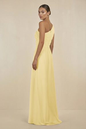 Ruffled One - Shoulder Pleated Sheath Bridesmaid Dress in Pastel Yellow - SHE IS ME Bridesmaid Dresses