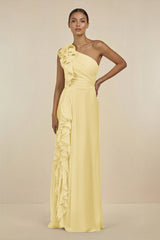 Ruffled One - Shoulder Pleated Sheath Bridesmaid Dress in Pastel Yellow - KISS BRIDAL Bridesmaid Dresses