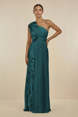 Ruffled One - Shoulder Pleated Sheath Bridesmaid Dress in Pine - KISS BRIDAL Bridesmaid Dresses