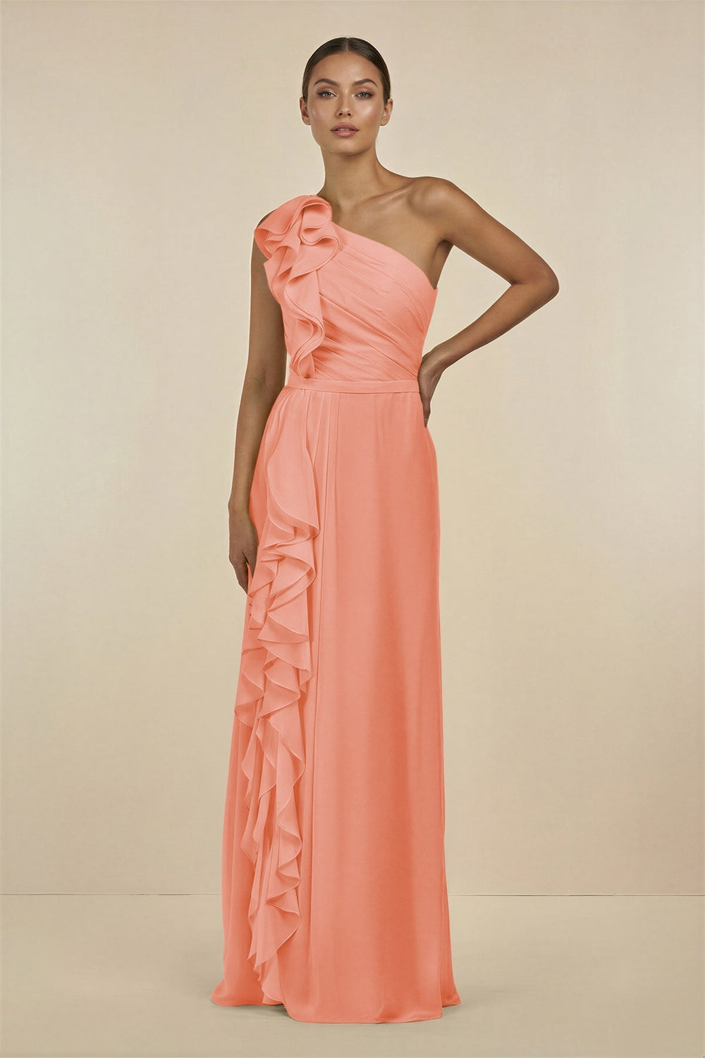 Ruffled One - Shoulder Pleated Sheath Bridesmaid Dress in Rosette - SHE IS ME Bridesmaid Dresses