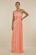 Ruffled One - Shoulder Pleated Sheath Bridesmaid Dress in Rosette - SHE IS ME Bridesmaid Dresses