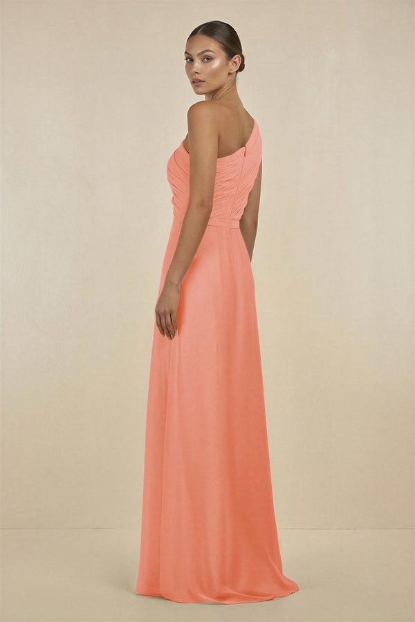 Ruffled One - Shoulder Pleated Sheath Bridesmaid Dress in Rosette - SHE IS ME Bridesmaid Dresses