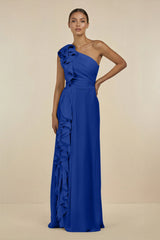 Ruffled One - Shoulder Pleated Sheath Bridesmaid Dress in Royal Blue - KISS BRIDAL Bridesmaid Dresses