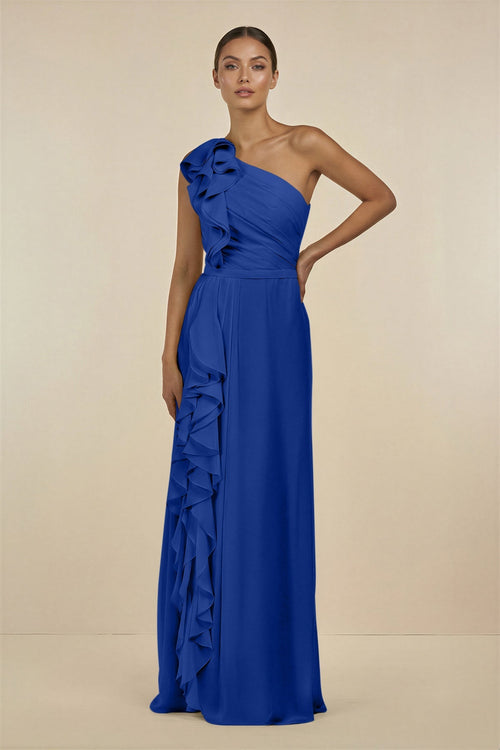 Ruffled One - Shoulder Pleated Sheath Bridesmaid Dress in Royal Blue - SHE IS ME Bridesmaid Dresses