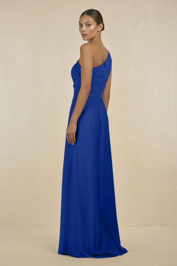 Ruffled One - Shoulder Pleated Sheath Bridesmaid Dress in Royal Blue - SHE IS ME Bridesmaid Dresses