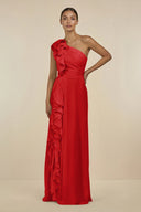 Ruffled One - Shoulder Pleated Sheath Bridesmaid Dress in Ruby Red - SHE IS ME Bridesmaid Dresses