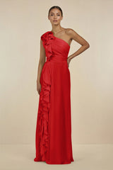 Ruffled One - Shoulder Pleated Sheath Bridesmaid Dress in Ruby Red - KISS BRIDAL Bridesmaid Dresses