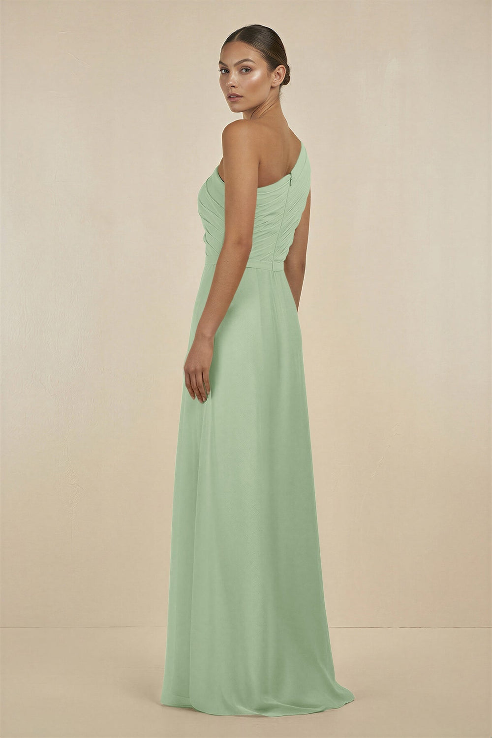 Ruffled One - Shoulder Pleated Sheath Bridesmaid Dress in Sage - SHE IS ME Bridesmaid Dresses