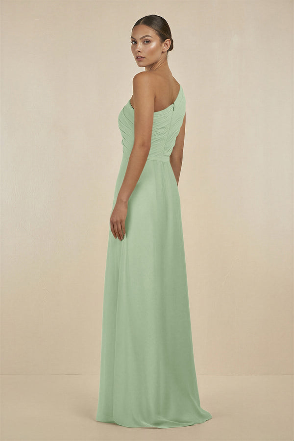 Ruffled One - Shoulder Pleated Sheath Bridesmaid Dress in Sage - SHE IS ME Bridesmaid Dresses