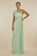 Ruffled One - Shoulder Pleated Sheath Bridesmaid Dress in Sage - SHE IS ME Bridesmaid Dresses