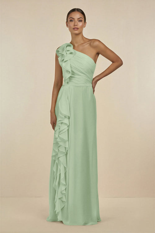 Ruffled One - Shoulder Pleated Sheath Bridesmaid Dress in Sage - SHE IS ME Bridesmaid Dresses