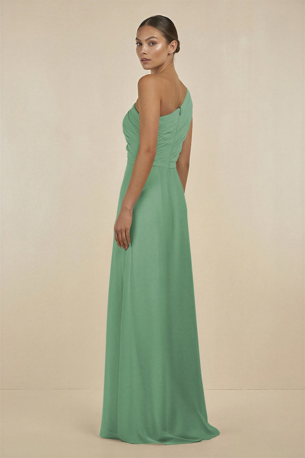 Ruffled One - Shoulder Pleated Sheath Bridesmaid Dress in Sea Glass - SHE IS ME Bridesmaid Dresses