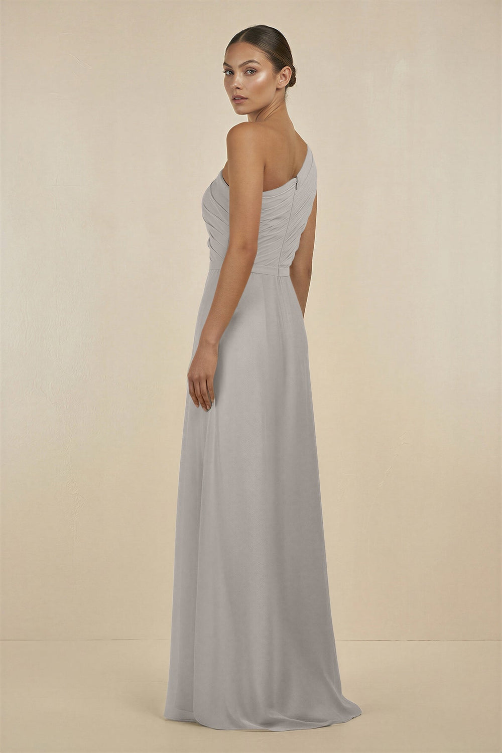 Ruffled One - Shoulder Pleated Sheath Bridesmaid Dress in Silver - SHE IS ME Bridesmaid Dresses