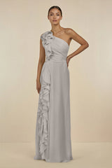 Ruffled One - Shoulder Pleated Sheath Bridesmaid Dress in Silver - KISS BRIDAL Bridesmaid Dresses