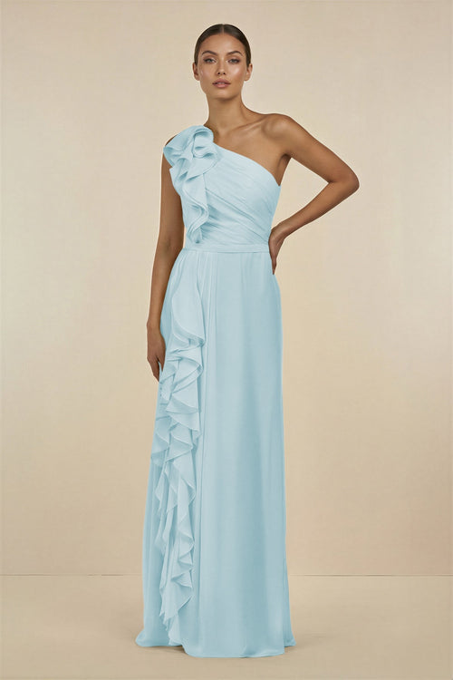 Ruffled One - Shoulder Pleated Sheath Bridesmaid Dress in Sky Blue - SHE IS ME Bridesmaid Dresses