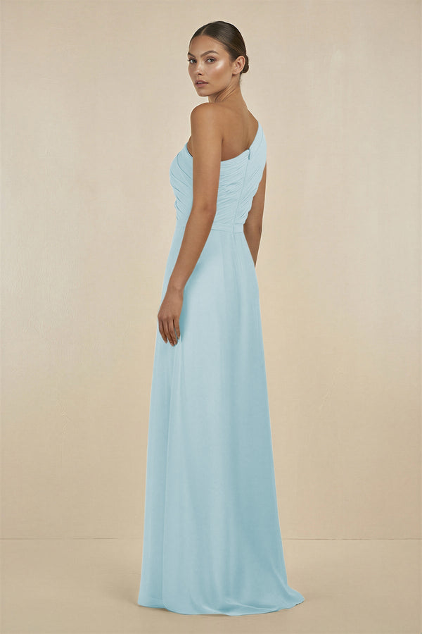 Ruffled One - Shoulder Pleated Sheath Bridesmaid Dress in Sky Blue - SHE IS ME Bridesmaid Dresses