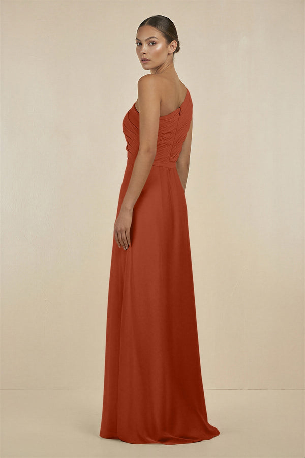 Ruffled One - Shoulder Pleated Sheath Bridesmaid Dress in Spice - SHE IS ME Bridesmaid Dresses