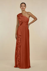 Ruffled One - Shoulder Pleated Sheath Bridesmaid Dress in Spice - KISS BRIDAL Bridesmaid Dresses