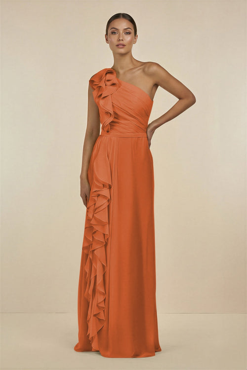 Ruffled One - Shoulder Pleated Sheath Bridesmaid Dress in Terracotta - SHE IS ME Bridesmaid Dresses