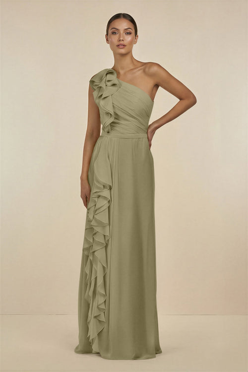 Ruffled One - Shoulder Pleated Sheath Bridesmaid Dress in Thyme - SHE IS ME Bridesmaid Dresses